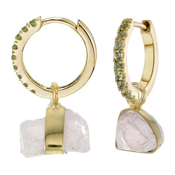 MINI HALO HOOPS -GREEN SAPPHIRE- WITH ROSE QUARTZ CHARMS - GOLD