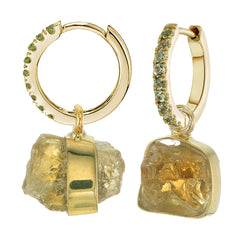 MINI HALO HOOPS - GREEN SAPPHIRE WITH CITRINE CHARM - GOLD