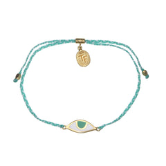 EYE PROTECTION BRACELET - AQUA AND CREAM WITH GREEN EYE - GOLD