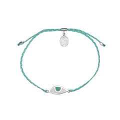 EYE PROTECTION BRACELET - AQUA AND CREAM WITH GREEN EYE - SILVER