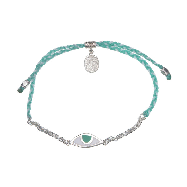 CHAIN & CORD EYE PROTECTION BRACELET - AQUA AND CREAM - SILVER