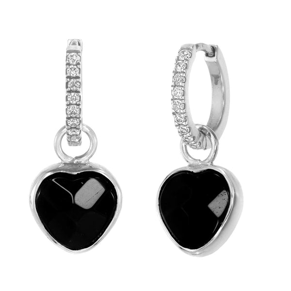 BLACK ONYX HEART -  MINI HALO HOOPS - WHITE ZIRCON - SILVER