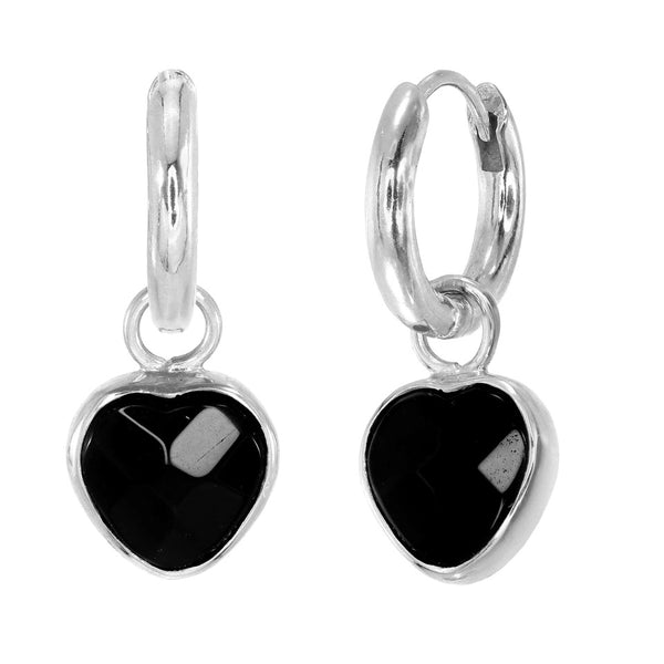 BLACK ONYX HEART - SMALL HOOPS - SILVER
