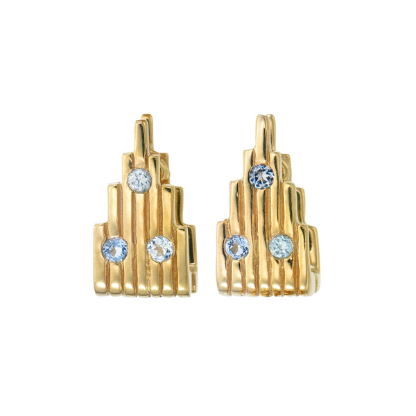 GEM-STUDDED MINI PILLAR EARRINGS - AQUAMARINE - REVERSIBLE - GOLD
