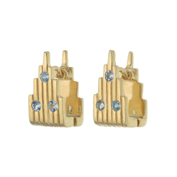 GEM-STUDDED MINI PILLAR EARRINGS - AQUAMARINE - REVERSIBLE - GOLD