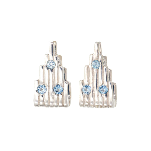 GEM-STUDDED PILLAR EARRINGS - AQUAMARINE - REVERSIBLE - SILVER