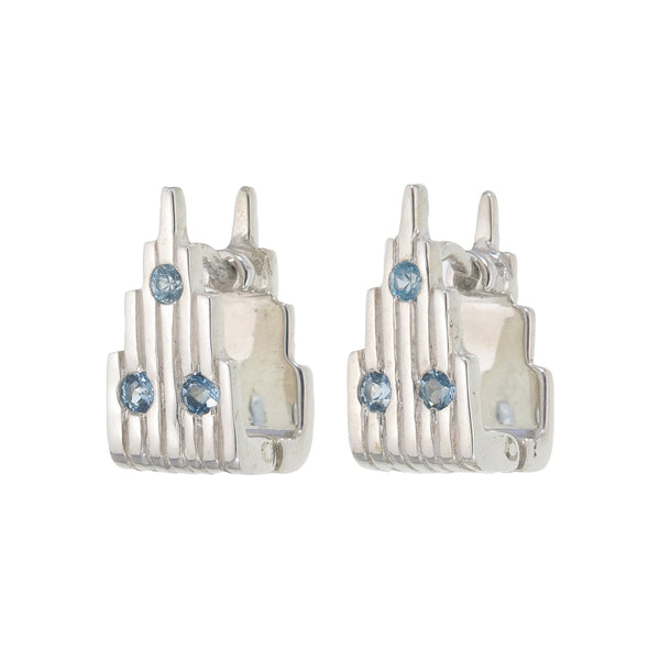 GEM-STUDDED PILLAR EARRINGS - AQUAMARINE - REVERSIBLE - SILVER