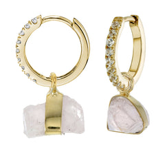 MINI HALO HOOPS - WHITE ZIRCON - WITH ROSE QUARTZ CHARMS - GOLD