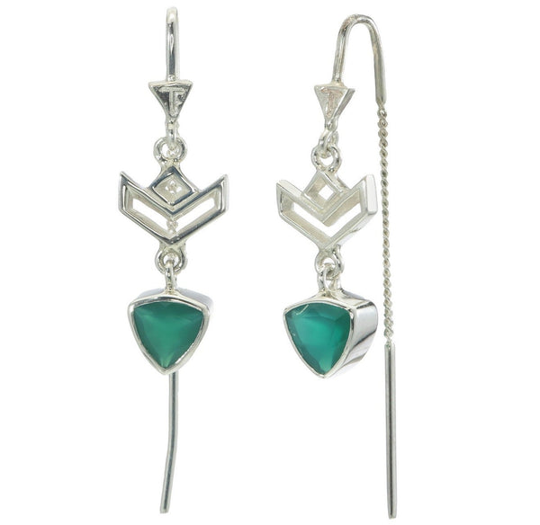 VON CHEVRON PULL THROUGH EARRINGS - GREEN ONYX - SILVER