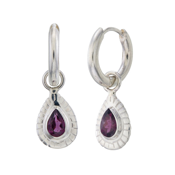 SMALL TEARDROP HOOPS -GARNET- SILVER