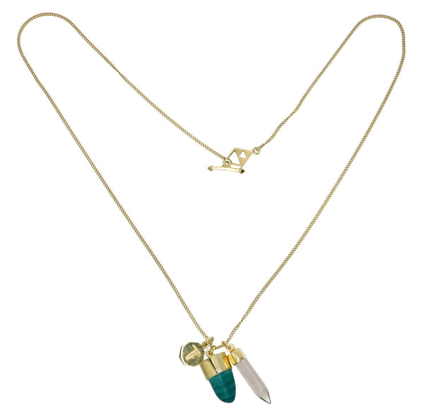 SUPERPOWER CHARM NECKLACE - MALACHITE & SMOKY QUARTZ - GOLD