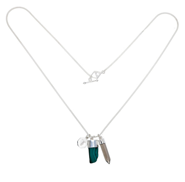 SUPERPOWER CHARM NECKLACE - MALACHITE & SMOKY QUARTZ - SILVER