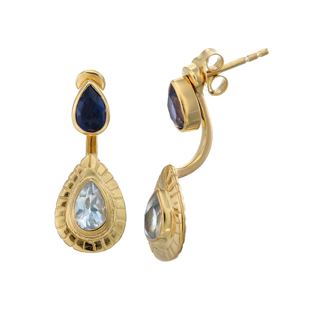 TEARDROP CLAW EARRINGS AQUAMARINE IOLITE GOLD TIGER FRAME