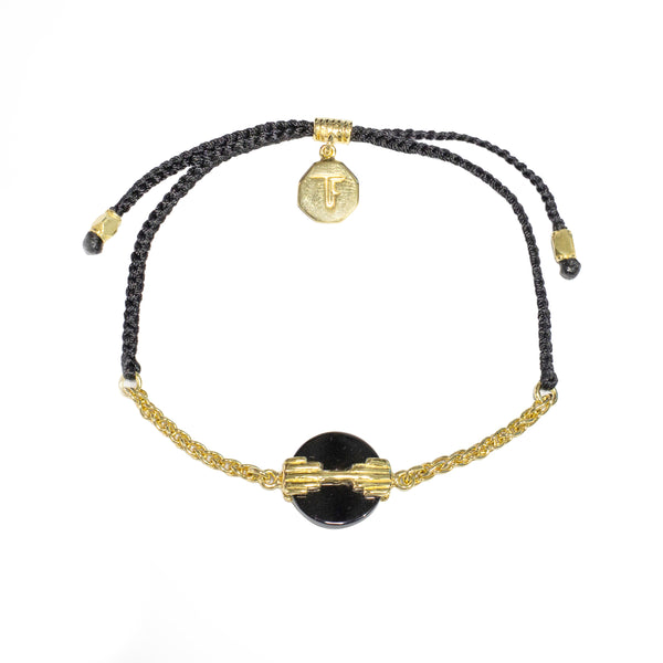 CHAIN & CORD MINI AURORA BRACELET - BLACK ONYX - BLACK CORD - GOLD