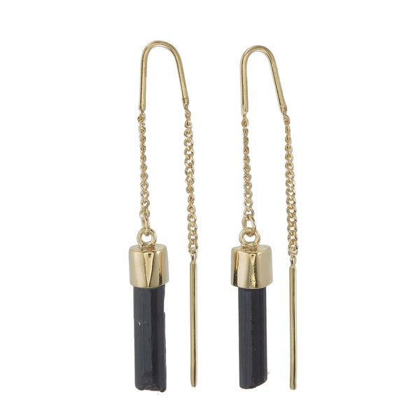 BLACK TOURMALINE CRYSTAL PULL THROUGH EARRINGS - GOLD plated sterling silver by tiger frame jewellery