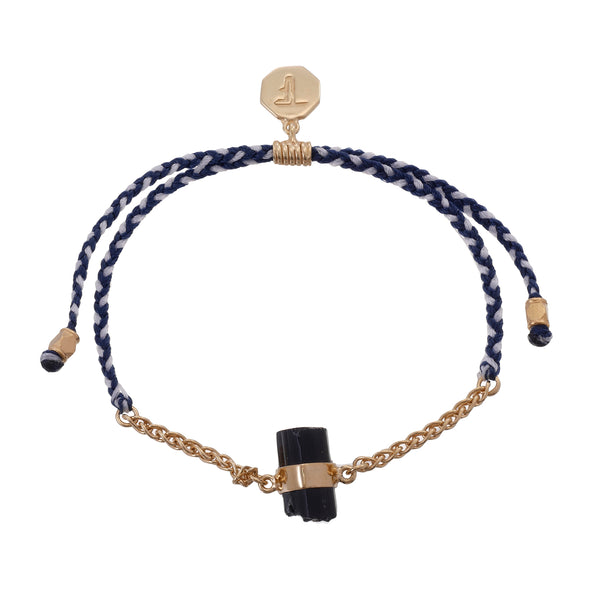 CHAIN & CORD CRYSTAL BRACELET - BLACK TOURMALINE- BLUE AND WHITE - GOLD