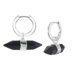 MINI DOUBLE POINT CRYSTAL - HOOP EARRINGS - BLACK ONYX - SILVER