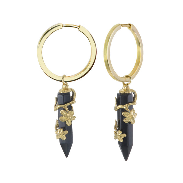 FLOWERING VINE HOOP EARRINGS - BLACK ONYX - GOLD