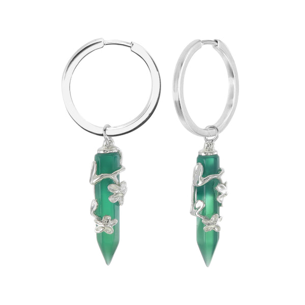 FLOWERING VINE HOOP EARRINGS - GREEN ONYX - SILVER