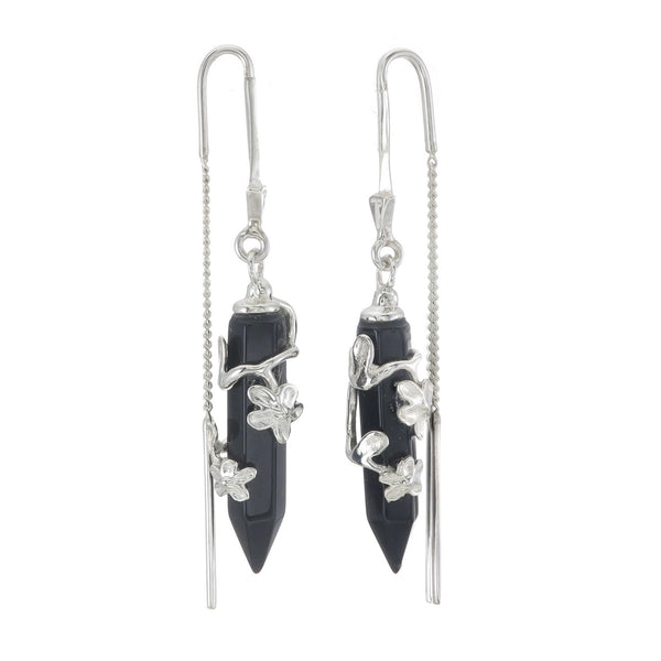 FLOWERING VINE PULL THROUGH EARRINGS - BLACK ONYX - SILVER