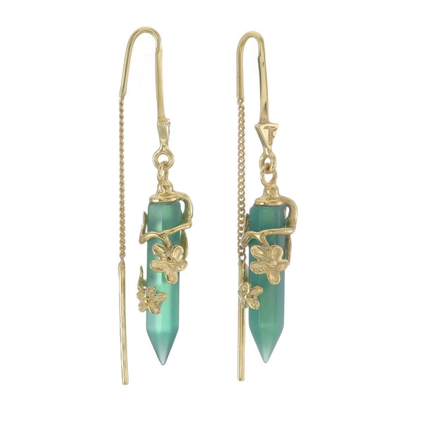 FLOWERING VINE PULL THROUGH EARRINGS - GREEN ONYX - GOLD