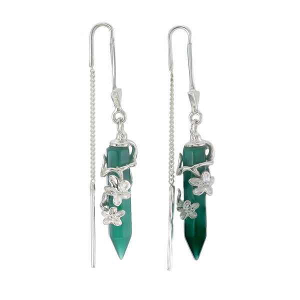 FLOWERING VINE PULL THROUGH EARRINGS - GREEN ONYX - SILVER