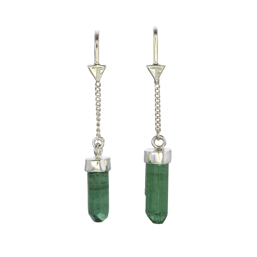 GREEN TOURMALINE CRYSTAL PULL THROUGH EARRINGS SILVER