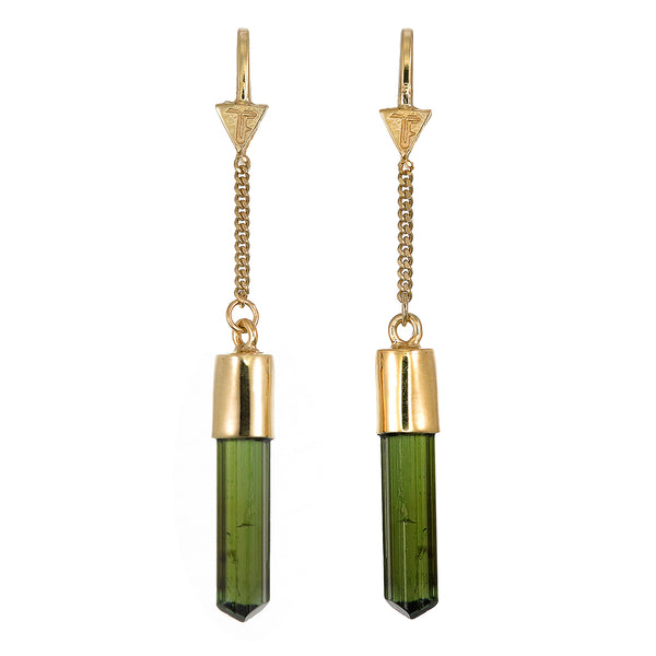 GREEN TOURMALINE CRYSTAL PULL THROUGH EARRINGS - GOLD
