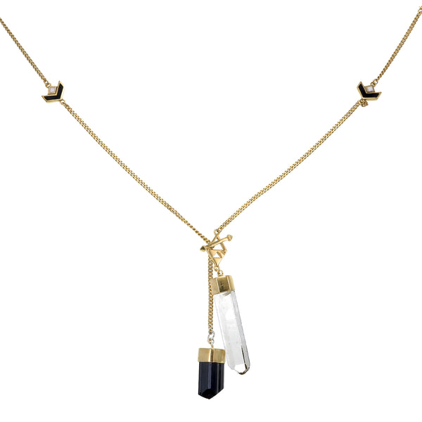 LONG CRYSTAL NECKLACE WITH CHEVRON DETAIL - QUARTZ & BLACK TOURMALINE - GOLD plate on sterling silver by tiger frame jewellery