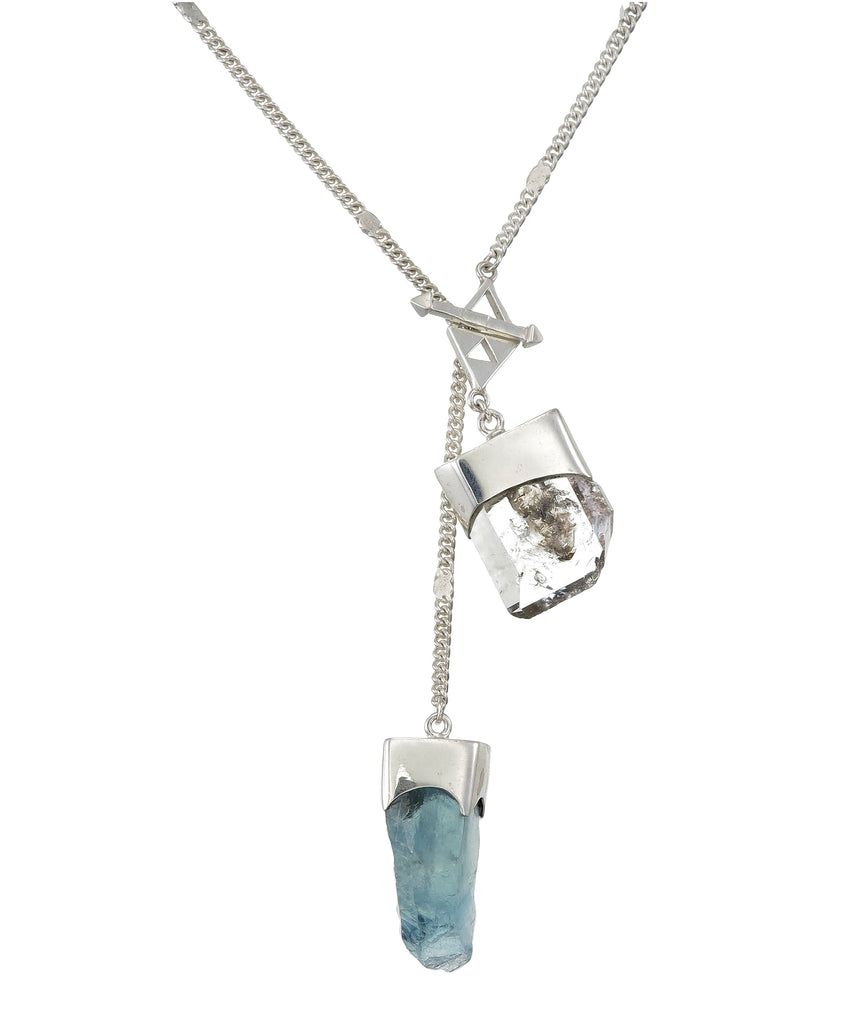 LONG CRYSTAL NECKLACE WITH APATITE DIAMOND QUARTZ SILVER