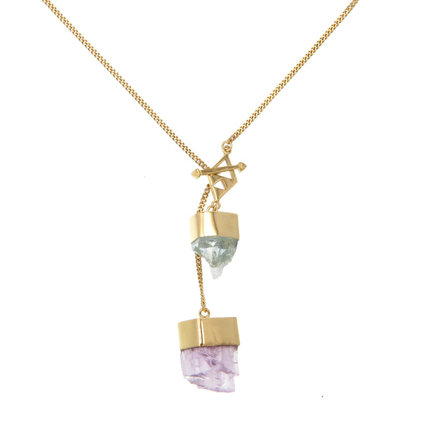 MEDIUM CRYSTAL NECKLACE WITH AQUAMARINE & KUNZITE CRYSTALS - GOLD plate on sterling silver by tiger frame jewellery