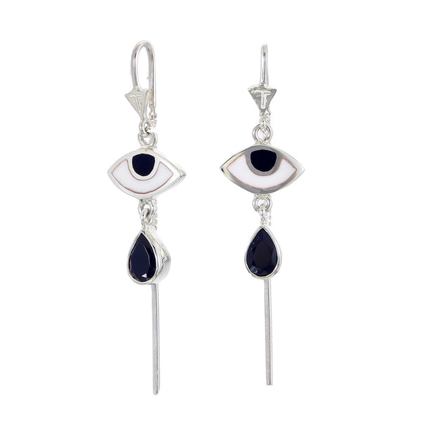 BEJEWELLED EYE PULL THROUGH EARRINGS BLACK ONYX - SILVER