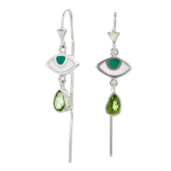 BEJEWELLED EYE PULL THROUGH EARRINGS PERIDOT - SILVER