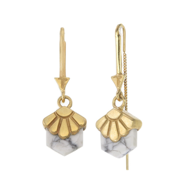 BIG DECO DAISY - PULL THROUGH EARRINGS - HOWLITE - GOLD