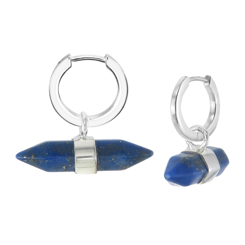 MINI DOUBLE POINT CRYSTAL HOOP EARRINGS LAPIS LAZULI SILVER