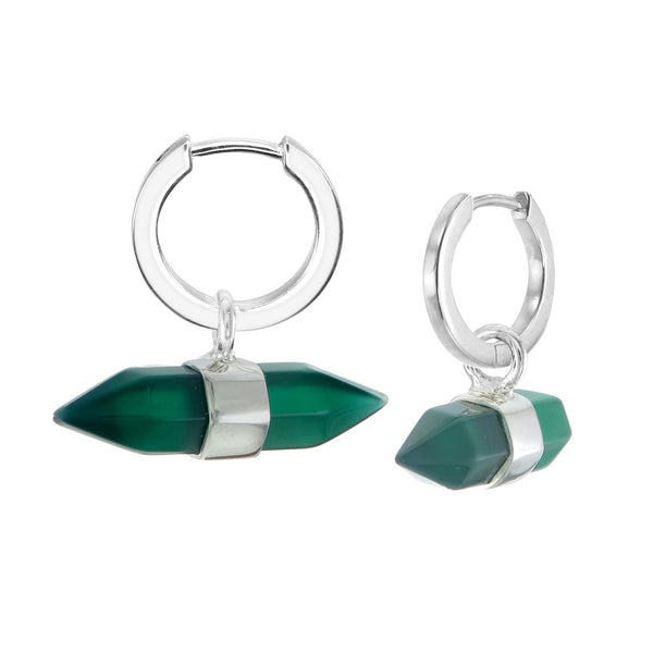 MINI DOUBLE POINT CRYSTAL - HOOP EARRINGS - GREEN ONYX - SILVER