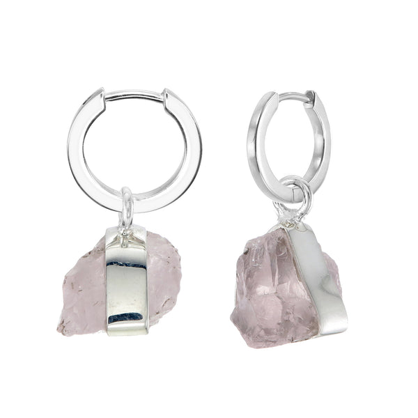 MINI ROUGH GEM HOOP EARRINGS - ROSE QUARTZ - SILVER