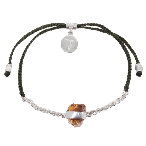 CHAIN & CORD CRYSTAL BRACELET - CITRINE - OLIVE GREEN - SILVER