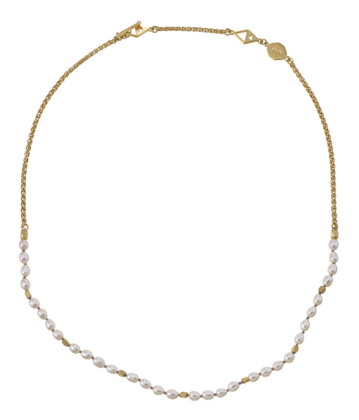 MINI PEARLS - HAND KNOTTED BEAD AND CHAIN NECKLACE - PALE PINK CORD - GOLD