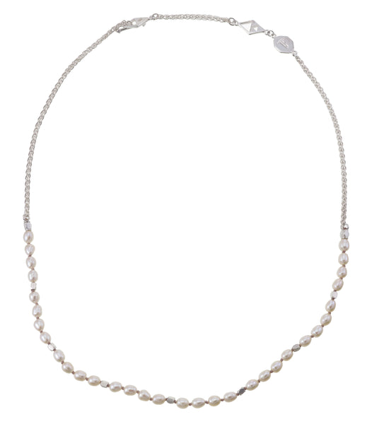 MINI PEARLS - HAND KNOTTED BEAD AND CHAIN NECKLACE - PALE PINK CORD - SILVER