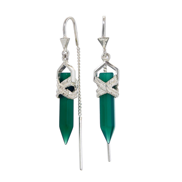 ROPE BEZEL PULL THROUGH EARRINGS GREEN ONYX - SILVER