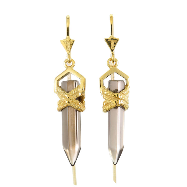 ROPE BEZEL PULL THROUGH EARRINGS SMOKY QUARTZ - GOLD