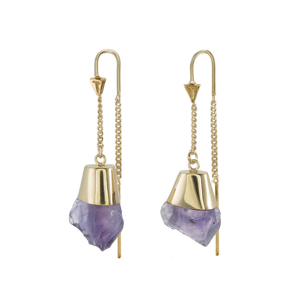 ROUGH AMETHYST CRYSTAL PULL THROUGH EARRINGS - GOLD plate on sterling silver by tiger frame jewellery
