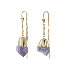 ROUGH AMETHYST CRYSTAL PULL THROUGH EARRINGS - GOLD plate on sterling silver by tiger frame jewellery
