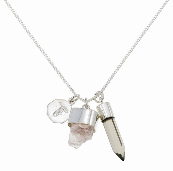 SUPERPOWER CHARM NECKLACE - ROSE WITH SMOKY QUARTZ - SILVER